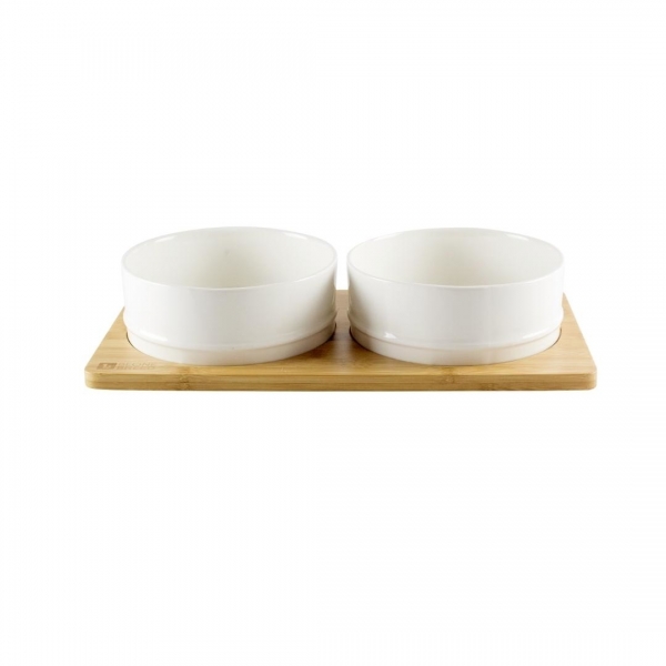 BeOneBreed Ceramic & Bamboo Bowl Duo White S
